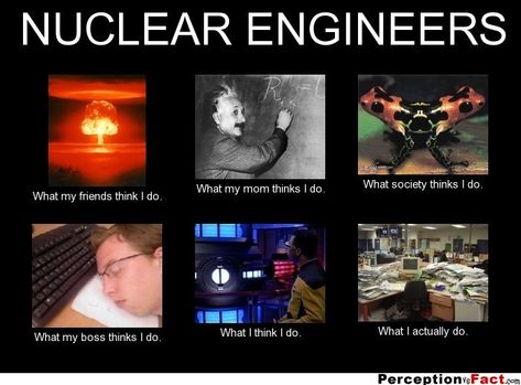 NUCLEAR ENGINEERS What my mends think I do. What my boss thinks I do. What my mom thinks I do What I think I do. What society thinks I do. What I actually do. Nuclear Engineering, Nuclear Power Plant, My Boss, Chemical Engineering, Good Student, Nuclear Power, Power Plant, My Mom, Oregon