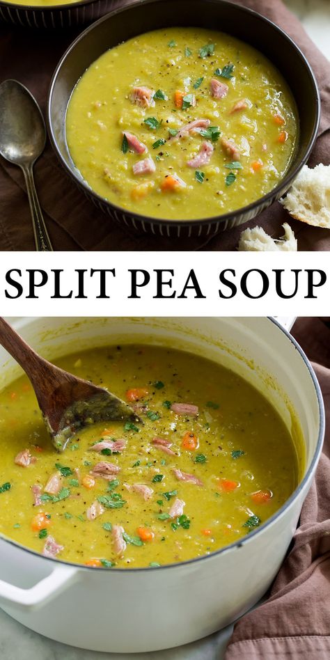 Homemade Split Pea Soup - This hearty, protein packed, comforting soup is made with tender split peas, flavorful ham and fresh vegetables. It's easy to make and perfect for the cold weather. #splitpea #soup #fall #recipe Split Soup Pea, Ina Garden Split Pea Soup, Split Pea Soup No Meat, Classic Split Pea Soup, Modern Nona Recipes, Instant Pot Split Pea And Ham Soup, Split Pea And Ham Soup Stove Top, Crock Pot Pea Soup, Easy Broth Soup Recipes