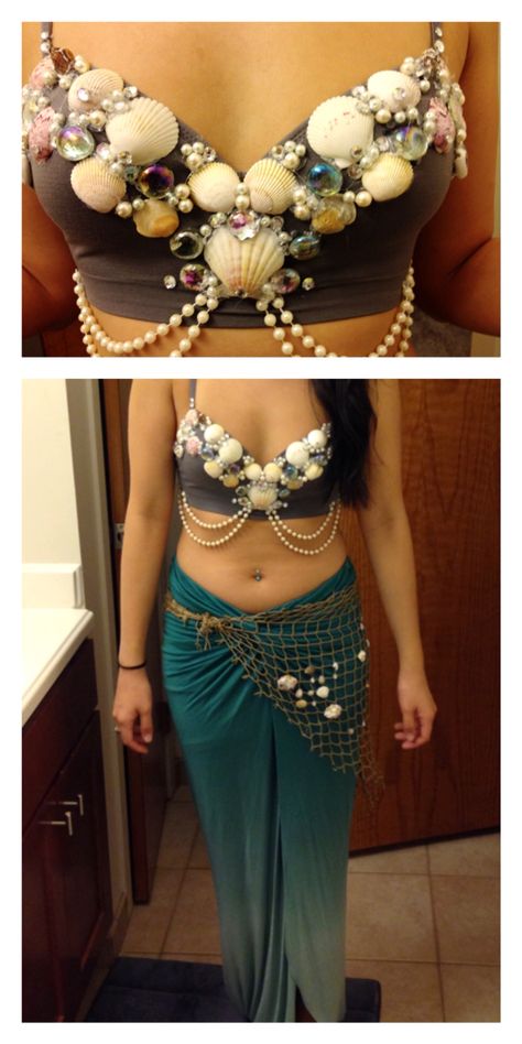 My home-made mermaid costume 2016: shells and rhinestones hot glued to a sports bra pairs with an ombré skirt Mermaid Costume Women, Homemade Mermaid Costumes, Diy Fantasia, Siren Costume, Mermaid Costume Diy, Mermaid Halloween Costumes, Mermaid Parade, Mermaid Bra, Mermaid Top