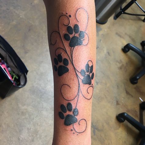 Paw Print Arm Tattoo, Paw Print Tree Tattoo, Paw Print And Flower Tattoo Dogs, Paw Print Leg Tattoo, Tiger Paw Print Tattoo, Paw Print Bouquet Tattoo, Pawprint Tattoo With Flowers, Flowers And Paw Print Tattoo, Puppy Prints Tattoo