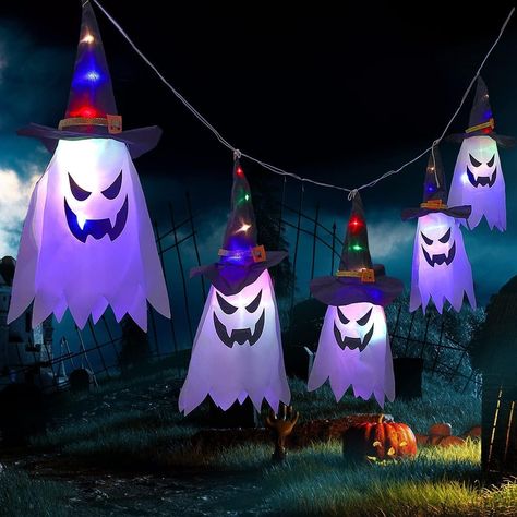 Lcenno Halloween Light String Lights for Indoor Outdoor Decoration 5Pcs Color Wizard Hat Halloween Decorations Hanging Light Up Ghost Hat Lights for Outdoor Garden Party Yard Battery Operated Halloween Environment, Halloween Decorations For Outside, Ghost Hat, Halloween String Lights, Hanging Witch, Halloween Party Dress, Casa Halloween, Halloween Fest, Hanging Ghosts