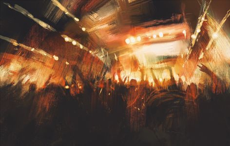 * (@sbmrsv) / Twitter Tithi Luadthong, Crowd At Concert, Concert Illustration, Poetic Paintings, Cheering Crowd, Geometric Wall Paint, Concert Crowd, Musician Art, October Art