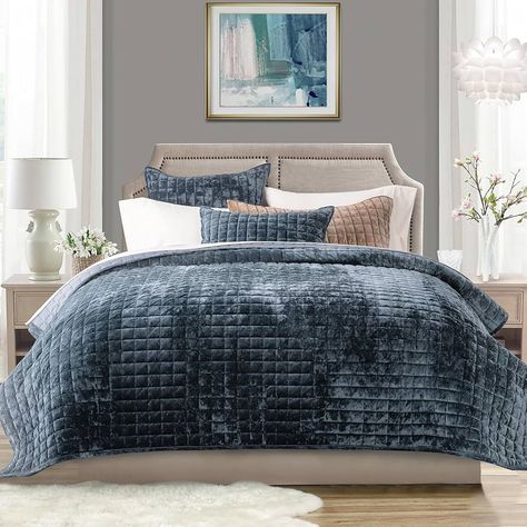 Amazon.com: RECYCO Luxury Velvet Quilt Queen Size, Ultra Soft Velvet Bedding Sets, Lightweight Quilted Velvet Comforter Set, Channel Stitch Oversized Bedspread Coverlet with 2 Pillow Shams, Terracotta : Home & Kitchen Peacock Blue Bedroom, Velvet Bedding, King Size Comforter Sets, Stormy Blue, Velvet Comforter, Blue Comforter Sets, Velvet Bedding Sets, Chic Bedroom Decor, Quilted Velvet