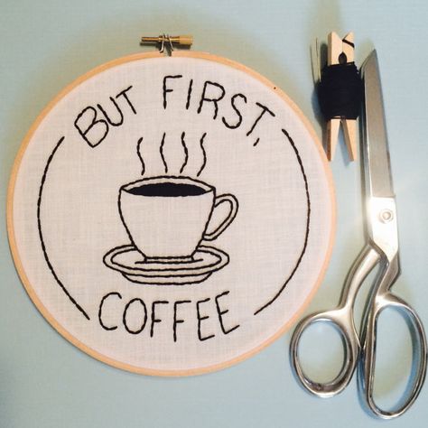 Hand Embroidered But First Coffee Hoop Art Wall by MaggieAlvarez Hoop Art Wall Decor, Hoop Art Wall, Wooden Embroidery, Embroidery Hoop Wall Art, Embroidery Wall Art, Wooden Embroidery Hoops, Pola Kristik, Hand Embroidery Projects, Black Embroidery