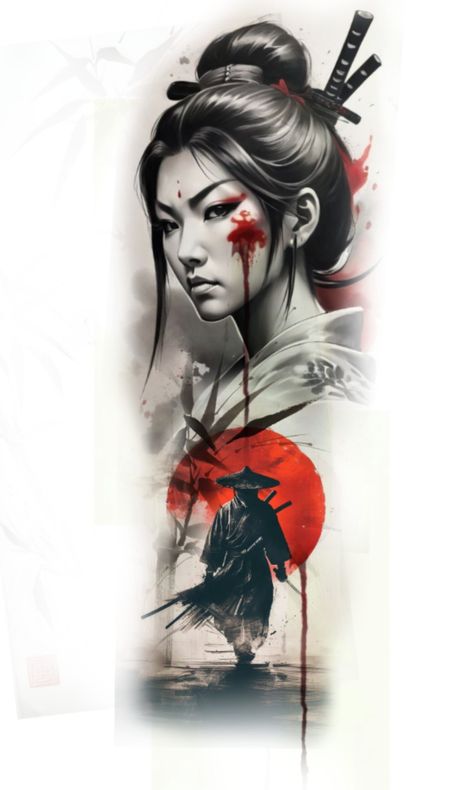 Japanese Warrior Tattoo, Samurai Tattoo Sleeve, Trash Polka Tattoo Designs, Geisha Tattoo Design, Big Cat Tattoo, Tato Dada, Samurai Tattoo Design, Rose Tattoos For Men, Geisha Tattoo