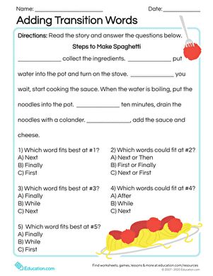 Next stop: Pinterest Transitional Words Worksheet, Writing Transition Words, Transition Words Worksheet, Transition Sentences, Writing Transitions, Second Grade Reading, Making Spaghetti, Words Worksheet, Simple Pasta