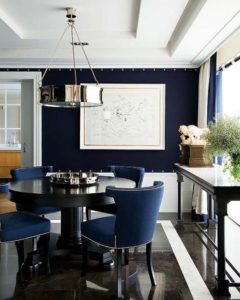 navy-blue-dining-room – Feven & Helena Navy Blue Dining Room, Blue Accent Wall Living Room, Modern Classic Dining Room, Classic Dining Room Furniture, Blue Dining Room, Mid Century Modern Dining Chairs, Blue Dining Room Chairs, Blue Interior Design, Classic Dining Room