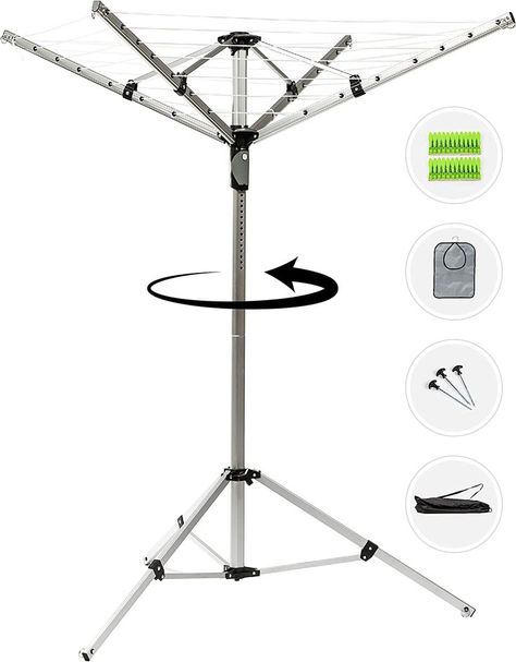 MRQ Umbrella Clothesline, Clothes Drying Rack! Rotating Outdoor and Indoor Rotating Clothing Laundry Rack. Portable Folding Drying Rack + Tripod + Outside Stakes + Clothespegs + Storage/Travel Bag. When there’s no room for an ‘in-the-ground’ umbrella clothesline inside your small apartment or around your tiny section; and you need portability with functionality, then tripod drying racks are handy to have. But you what’s even better? Spinning ones! Like this unique portable clothes dryer! Folding Drying Rack, Portable Clothes Dryer, Laundry Rack, Clothes Drying, Clothes Dryer, Clothes Drying Racks, Drying Clothes, Coat Hanger, Clothes Line