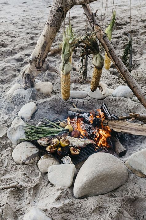 Catch And Cook, Wilderness Living, Camping Projects, Camping Dishes, Open Fire Cooking, Beach Dinner, Retreat Ideas, Beach Bbq, Camping Photography