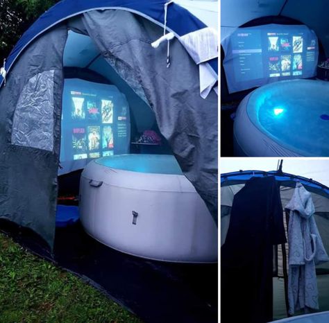 Hot tub and movie inside a tent for privacy and to keep the bugs out Blow Up Hot Tub In Shed, Diy Backyard Movie, Gazebo Decor, Backyard Spa, Backyard Tent, Hot Tub Room, Inflatable Hot Tub, Bubble Tent, Backyard Movie Nights