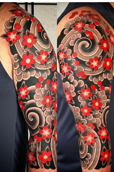 Japanese Flower Sleeve, Japanese Gap Filler Tattoo, Japanese Tattoo Filler, Japanese Half Sleeve, Tattoo Filler Ideas For Women Backgrounds, Tattoo Filler Ideas Sleeve Backgrounds Design, Tattoo Filler Ideas Men Backgrounds, Filler Tattoo Designs, Traditional Tattoo Filler