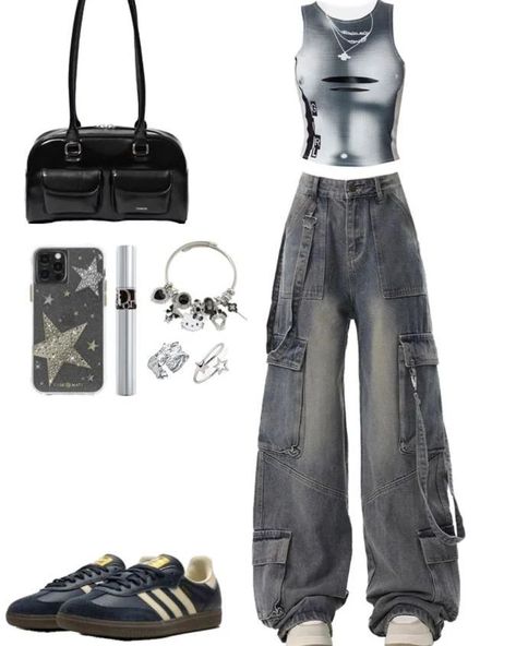 Comfortable Party Outfits, How Pinterest Sees Me Outfit, Powerful Outfits, Hogwarts Script, Y2k Outfits Street Styles, Street Style Outfits Casual, Cargo Outfit, Collage Outfits, Outfit Kpop