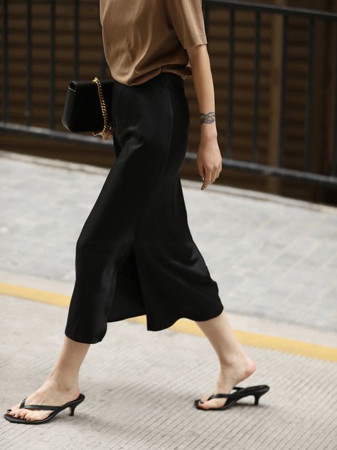 Black satin skirt outfit