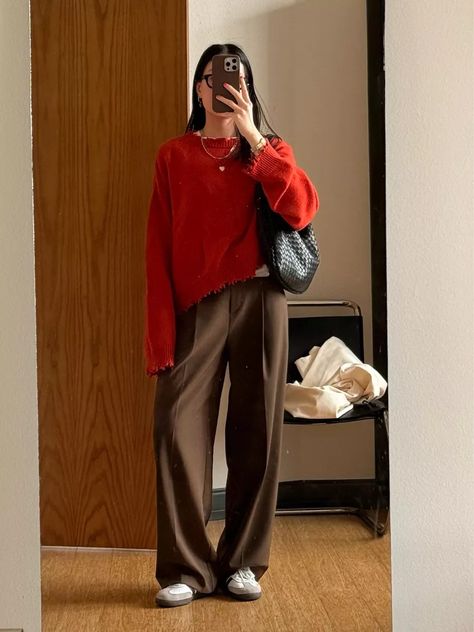 cationz on LTK Brown Trousers Outfit, Red Sweater Outfit, Modesty Outfits, Look Formal, Brown Outfit, Easy Trendy Outfits, Brown Pants, Red Sweater, Red Outfit