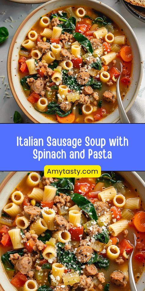 Italian Sausage Soup with Spinach and Pasta is a hearty, one-pot meal packed with bold flavors. Made with juicy Italian sausage, tender ditalini pasta, vibrant spinach, and a rich tomato-based broth, this comforting soup is perfect for busy weeknights or chilly days. Quick, easy, and full of nutrients, it's a family favorite that can be customized to your taste! Tasty Pasta Recipes, Soup With Spinach, Cauliflower Pasta, Italian Sausage Soup, Ditalini Pasta, Mild Italian Sausage, Comforting Soup, Hot Italian Sausage, Sausage Soup