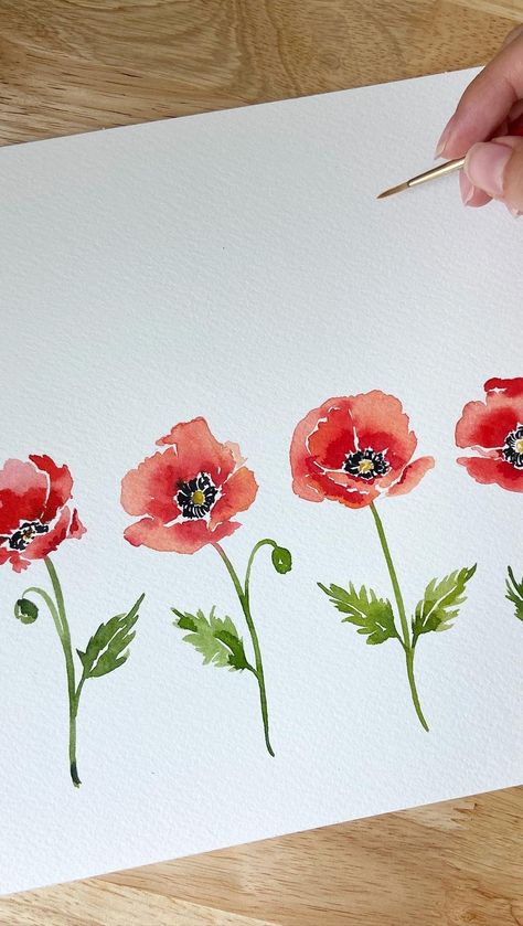 Carrie | I love ya, Poppy. #poppies #watercolorpoppies #watercolortutorial #learnwatercolor #watercolorflowers #wildflowers #watercolorwildflowers… | Instagram Poppy Drawing Watercolor, How To Paint A Poppy Watercolor, Painted Poppy Flowers, Simple Flower Watercolor Paintings, Watercolor Poppy Flower, Water Colour Poppy, Flower Drawing Watercolor, Watercolour Poppies, Poppies Illustration