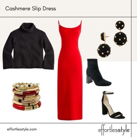 How to take your red up a notch this season ❤ How to wear a sweater over a slip dress | Sweater + Slip Dress Outfit | What to Wear for Valentine's Day | Valentine's Day Date Night Look Red Dress Date Night Outfit, Red Slip Dress Outfits, Slip Dress Sweater, Slip Dress Outfit, New Year’s Eve Outfit, New Years Look, Holiday Party Fashion, Red Silk Dress, Red Slip Dress