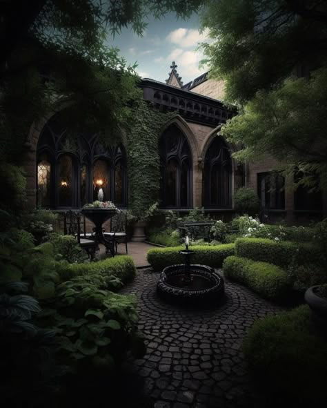 Dark Courtyard Aesthetic, Dark Manor Aesthetic Exterior, Gothic House Floor Plan, Dark Courtyard, Gothic Courtyard, Vintage House Exterior, Stephen King House, Dark Home Aesthetic, Shattered Book