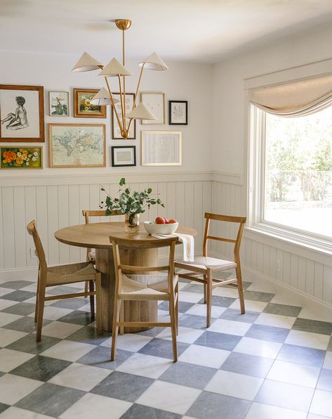 Tile In Dining Room, Cottagecore Dining Table, Vermont Dollhouse, Tile Dining Room, Checkered Kitchen Floor, Eat In Kitchen Ideas, Circle Kitchen Table, Kitchen Graphics, Checkered Floor Kitchen