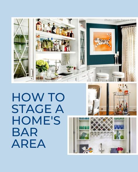 Top designers provide inspiration and tips for staging a home's bar area. Staging A Bar Area, Decorating A Bar Area, Bar Top Decor Ideas, Bar Top Decor, Bar Styling Ideas, Happy Hour At Home, Kitchen Built Ins, Top Decor Ideas, Home Bar Areas