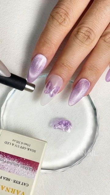 Cat Eye Butterfly Nails, Lilac Cat Eye Nails, Purple Cat Eye Nails, Purple Butterfly Nails, Nail Tech Nails, Butterfly Nail Design, Tech Nails, Solid Gel Polish, Lilac Nail Polish