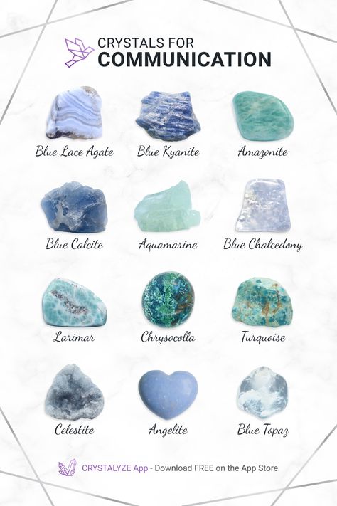 Crystals to encourage compassionate listening and expressing your truth. 𝐃𝐨𝐰𝐧𝐥𝐨𝐚𝐝 𝐨𝐮𝐫 𝐅𝐑𝐄𝐄 𝐂𝐫𝐲𝐬𝐭𝐚𝐥𝐲𝐳𝐞 𝐦𝐨𝐛𝐢𝐥𝐞 𝐚𝐩𝐩 (𝚘𝚗 𝚝𝚑𝚎 𝙰𝚙𝚙 𝚂𝚝𝚘𝚛𝚎) ✧ Expand your crystal knowledge with our in-depth crystal reference guide ☽ #Crystals #HealingCrystals How To Store Crystals And Stones, How To Store Crystals, Crystals For Communication, Crystal Reference, Crystal Knowledge, Crystal Ideas, Gemstones Chart, Crystal Healing Chart, Better Communication