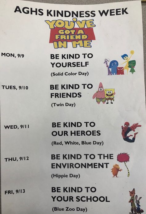 Student Council Kindness Ideas, Nursing Spirit Week Ideas, Kindness Dress Up Days, Kindness Week Spirit Days, Kindness Week Dress Up Days, Kindness Spirit Week, Kindness Week Ideas, Bully Awareness Month, Kindness Crafts