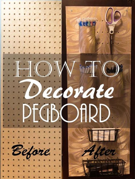 How+To+Decorate+Pegboard   (They used wallpaper, but maybe try with wrapping paper and Mod Podge?) Pegboard Baskets, Organization Wall, Home Office Supplies, Peg Boards, Plastic Containers With Lids, Peg Hooks, Sewing Room Storage, House To Home, Pegboard Accessories