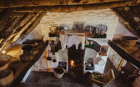 The ancient Irish tradition of telling stories and singing songs around an open hearth fire is being revived at a beautiful thatched cottage which is just a short walk from the heart of Galway City. Traditional Irish Cottage Interiors, Irish Cottage Interiors, Scottish Cottages, Ancient Irish, Ireland Cottage, Irish Houses, Galway City, Irish Cottage, Into The West