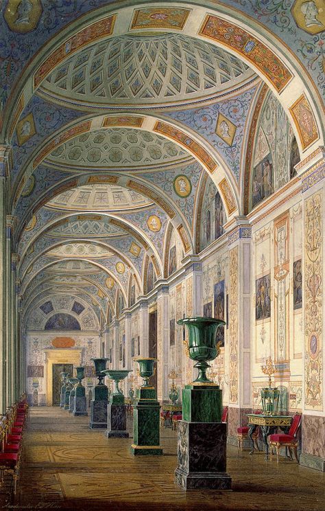 Drawings by Edward Petrovich Hau - Interiors of the New Hermitage. The Gallery of the History of Ancient Painting Architecture Baroque, Architecture Mapping, Palace Interior, Russian Architecture, Winter Palace, Ancient Paintings, Hermitage Museum, Architecture Painting, Watercolor Images