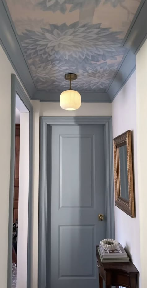 Coving Hallway, Blue Panelling Hallway, Hallway With Painted Ceiling, Hallway Pass Ideas, French Blue Hallway, Hallway Ceiling Wallpaper, Small Hallway Wallpaper, Blue Trim White Walls, Painted Hallway Ceiling