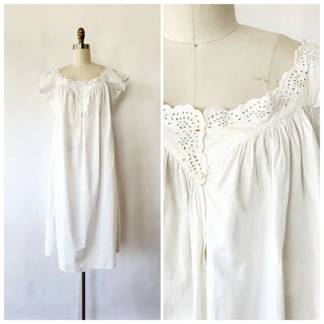 Newly Listed Antique Edwardian White Eyelet Cotton Nightgown - x large #antiquelingerie #antiquenightgown #vintagenightgown #vintagelingerie #victorianclothing #edwardianclothing #edwardiannightgown #edwardianfashion #rarevintageclothing #rarefashion #truevintageclothing Edwardian Nightgown, Nightgown Pattern, Rare Fashion, Cotton Nightgown, Vintage Nightgown, Victorian Clothing, Edwardian Fashion, White Eyelet, Vintage Lingerie