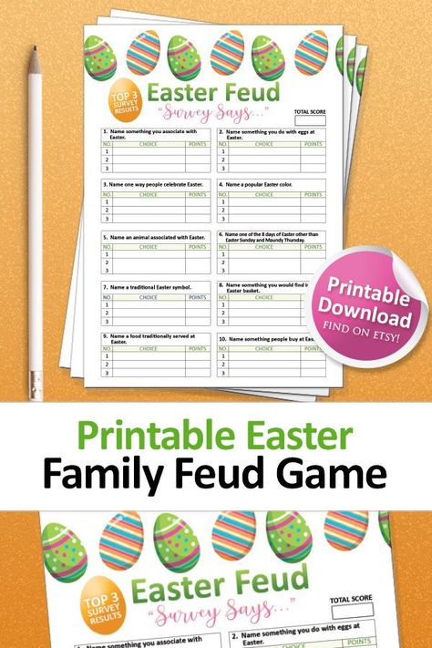 Have some fun this Easter with a printable Easter Family Feud game! You can instantly purchase and download this game in our Etsy shop! https://etsy.me/3qT2iSQ #Easter #EasterGames #EasterIdeas #EasterActivities #PrintJoyStudio Family Feud Questions, Valentine's Day Party Games, Family Feud Game, Easter Gathering, Halloween Party Printables, Games For Adults, Easter Games, Valentine's Day Games, Easter Prints