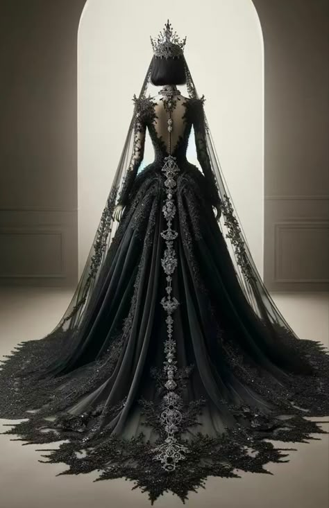 Black Train Dress, Black Aesthetic Wedding Dress, Dark Fantasy Wedding Dress, Dark Romantic Wedding Dress, Black Fantasy Dress Queens, Black Wedding Dress Elegant, Black Wedding Dresses Gothic, Goth Wedding Dresses, A Black Wedding