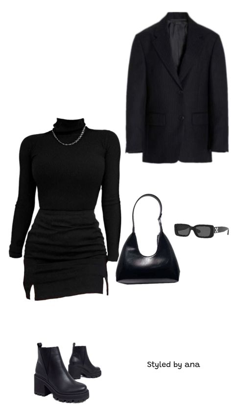 all-black, chic outfit featuring a turtleneck, mini skirt, blazer, and edgy boots. Turtleneck Outfit Black, Blazer Skirt Outfit, Black Turtleneck Outfit, Edgy Boots, Race Outfit, Turtleneck Outfit, Monochrome Fashion, Blazer And Skirt, Miniskirt Outfits