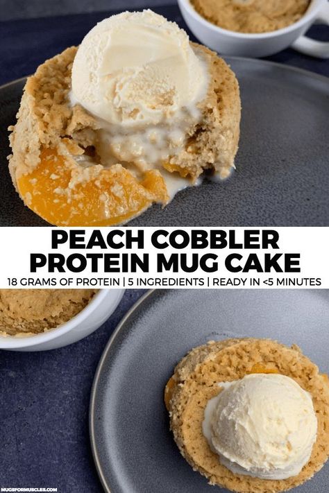 A high protein, low calorie spin on peach cobbler that can be made with a handful of ingredients, a microwave, and about five minutes. Peach Cobbler Mug Cake, High Protein Mug Cake, Protein Mug Cake Recipe, Protein Mug Cake, Protein Mug Cakes, Pumpkin Spice Donut, High Protein Low Calorie, Protein Powder Recipes, Protein Desserts