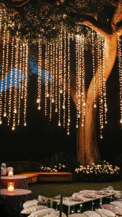 Wedding Dark Forest, Magical Themed Wedding, Light Decor For Wedding, Lighting Decor For Wedding, Enchanted Forest Theme Restaurant, Tree Decoration For Wedding, Evening Wedding Lighting, Night Backyard Wedding, Tree Decor For Wedding