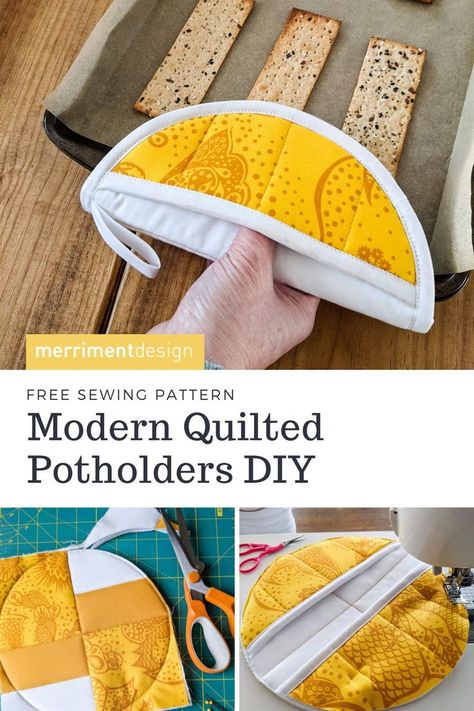 Make your own handmade modern quilted potholder for your kitchen or a DIY Christmas gift idea with my free potholder sewing pattern! My cute patchwork potholder pattern folds like a taco to protect hands. You can either make a square potholder or round potholder. Make Potholders, Quilted Pot Holders Patterns, Pocket Potholders To Sew Free Pattern, Sewing Projects Kitchen, Pot Pinchers Free Pattern, Christmas Potholders To Sew, Diy Pot Holders Sewing Free Pattern, Round Potholders Free Pattern, Diy Potholders Sewing