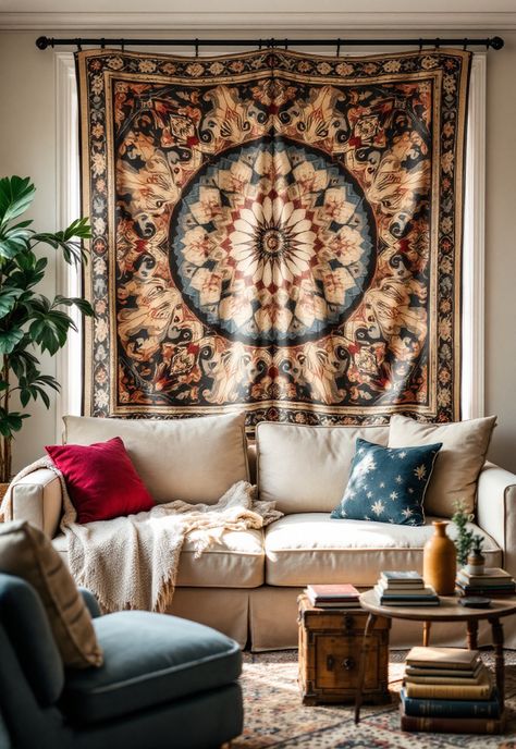 Boho Bedroom Curtain Ideas Tapestry As Curtain, Boho Bedroom Window, Dip Dye Curtains, Boho Window Treatments, Dye Curtains, Stylish Living Room Ideas, Bedroom Window Treatments, Pom Pom Curtains, Beaded Door Curtains