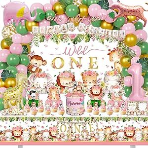 Wild One Birthday Decorations, Jungle Centerpieces, Jungle Birthday Party Decorations, First Birthday Decorations Girl, Safari Jungle Theme, Jungle Theme Party, Pink Safari, Baby Backdrop, Jungle Theme Parties