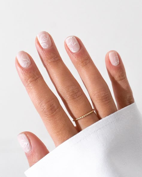 A hand with short milky white nails with white floral outlines #womensfashion #naildesign #springnails #nails #naildesigntrends Uñas Color Coral, Ladybug Nails, White Chrome Nails, Milky Nails, Floral Nail Designs, Nude Nail Designs, Cute Spring Nails, Wedding Nails Design, White Nail