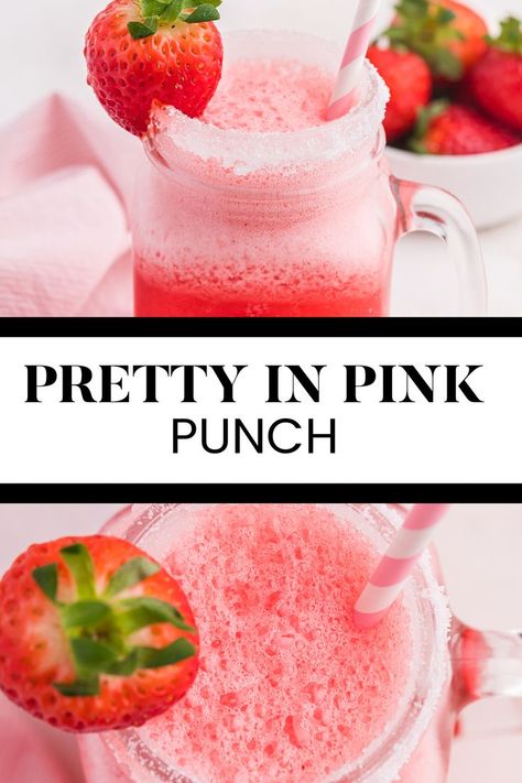 Two image collage of pretty in pink punch showing the punch in a glass with a strawberry garnish and a straw. Pink Punch With Alcohol, Barbie Theme Cocktail, Pink Party Punch Alcohol, Pink Rum Drinks, Pink Rum Cocktails, Pink Punch Recipe, Strawberry Punch Recipes, Starburst Drink, Pink Punch Recipes