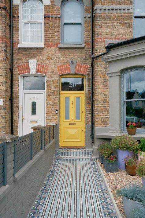 Light Yellow Front Door, London Front Door, Front Door Victorian, Yellow Wall Tiles, Victorian House London, Blue Fireplace, Yellow Front Door, Front Garden Ideas Driveway, Housing Inspiration