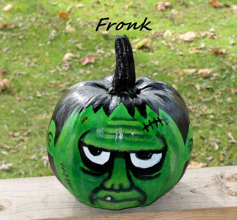 Green Painted Pumpkins, Frankenstein Pumpkin Painting, Painted Frankenstein, Frankenstein Pumpkin, Pumpkin Designs, Halloween Pumpkin Designs, Green Monster, Green Monsters, Harvest Time