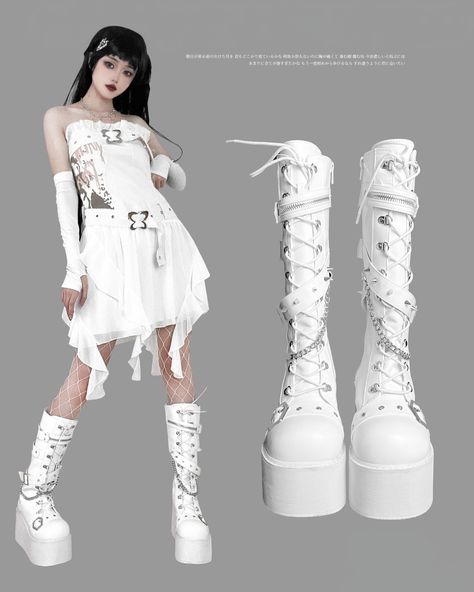 🚀🌟Rock the ultimate Y2K vibe with these original, subculture-inspired platform boots. 🛒 Shop now at DevilInspired: https://www.devilinspired.com/transfer-student #y2kfashion #punkstyle White Punk Platform Boots, White Platform Outfit, White Platform Boots Outfit, White Goth Dress, Ghost Oc, Platform Boots Outfit, Platform Outfit, White Platform Boots, Platform Combat Boots