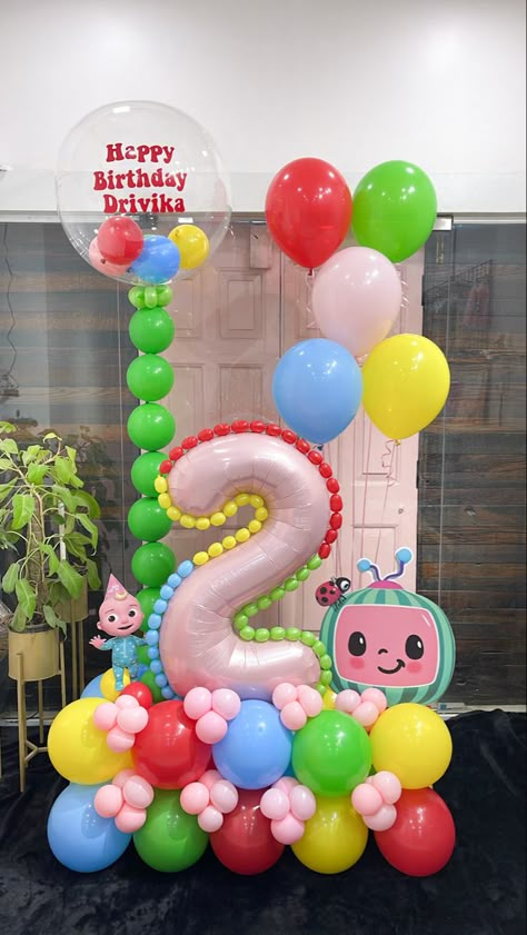 Coco Melon Balloon Bouquet, Cocomelon Birthday Balloons, Floor Balloon Arrangements, Cocomelon 2nd Birthday Party Girl, Cocomelon Balloon Decoration, Cocomelon Balloon Bouquet, Coco Melon Birthday Party Girl, Cocomelon Party Ideas For Girl, Cocomelon Balloons