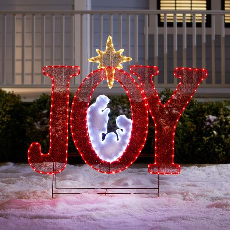 BrylaneHome 45"H Pre-Lit "Joy" Sign With Holy Family Christmas Decoration, Red White Gold Multicolored Joy Sign, The Holy Family, Led Color Changing Lights, Gold Christmas Decorations, Merry Christmas Sign, Outdoor Christmas Lights, Holy Family, Holiday Items, Decoration Christmas