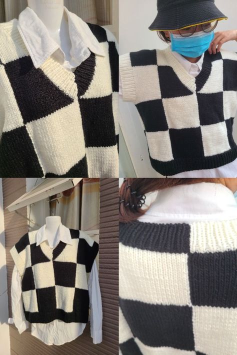 Material: Baby jean (60% Cotton, 40% Acrylic), soft, smooth, light, non-fading yarn. The vest is inspired by the movie that is very popular right now. Black and white vest can be combined with many styles, very fashionable and beautiful #wednesdayaddamsknitvest #wednesdayaddams #checkeredvest #checkeredknitvest #wednesdaycostume #blackandwhitesweater #wednesdaycrochet #wednesdayvest Wednesday Vest, White Knit Vest, Checkered Sweater Vest, Wednesday Costume, Checkered Sweater, Baby Jeans, White Vest, Knitted Vest, Crochet Vest