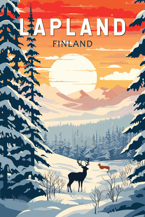 Retro-styled artistic portrayal of Lapland, Finland, highlighting its Arctic allure, traditional elements, and the mesmerizing Northern Lights. Vintage Postcards Travel, Finland Travel, Lapland Finland, Vintage Poster Design, Retro Vector, Travel Postcard, Ski Resorts, Travel Illustration, Travel Wall