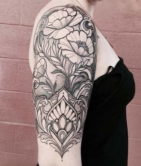 Half Sleeve Tattoo by Laura Jade Geometric Tattoo Half Sleeve, Ornamental Arm Tattoo, Jade Tattoo, Upper Half Sleeve Tattoos, Rose Tattoo Black, Coverup Ideas, Art Deco Tattoo, Art Nouveau Tattoo, Cool Half Sleeve Tattoos